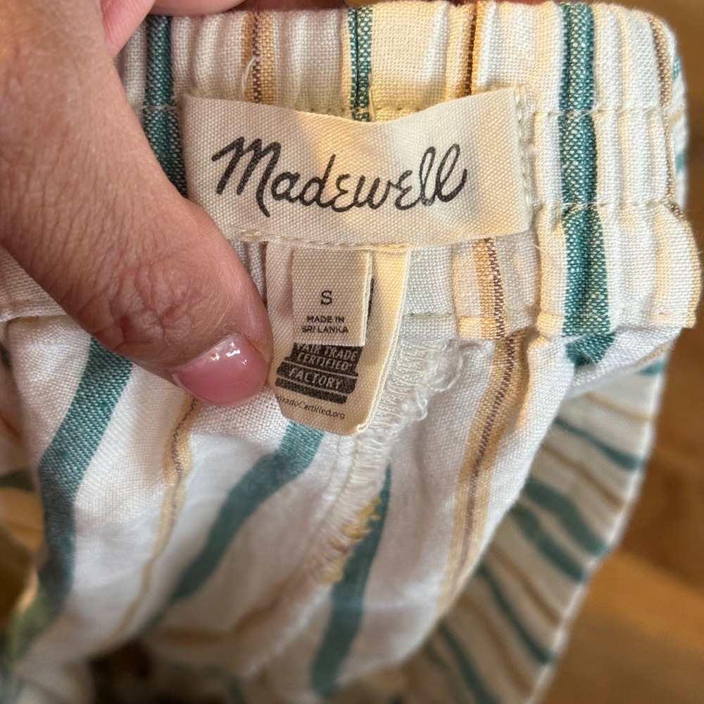 Madewell Striped Linen Blend Pull-On Shorts Teal Yellow White Small CKP454625038 - Picture 7 of 8